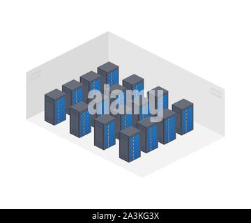 Server room isometric image, information storage and processing room. Vector stock illustration. Stock Vector
