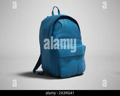 Modern blue leather backpack in school for children and teens left view 3D render on gray background with shadow Stock Photo