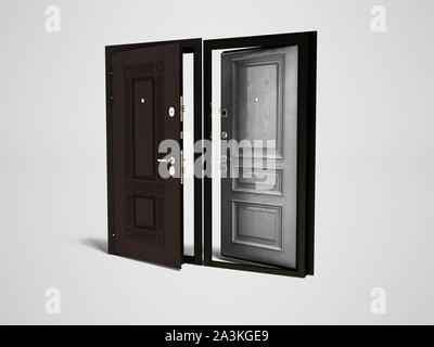 Concept outdoor armored open front door 3d render on gray background with shadow Stock Photo