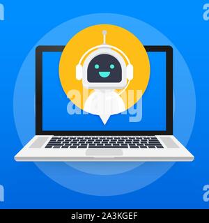 Chat Bot Using Laptop Computer, Robot Virtual Assistance Of Website Or Mobile Applications. Voice support service bot. Online support bot. Vector stoc Stock Vector