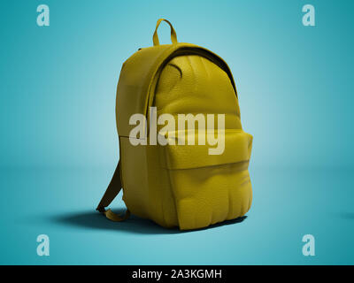 Modern yellow leather backpack in school for children and teens left view 3D rendering on blue background with shadow Stock Photo