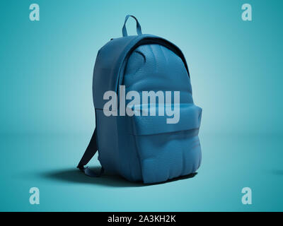 Modern blue leather backpack in school for children and teens left view 3D render on blue background with shadow Stock Photo