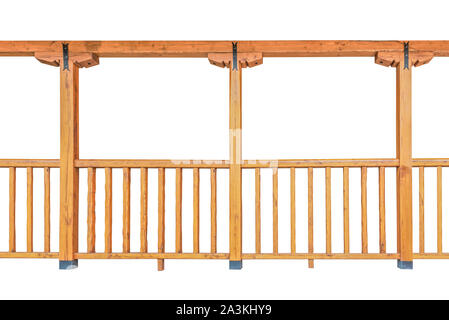 Railing and columns of a balcony made of wood isolated on white background Stock Photo