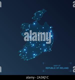 Ireland map with cities. Luminous dots - neon lights on dark background. Vector illustration. Stock Vector