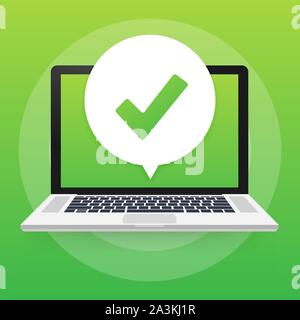 Smartphone with checkmark or tick notification in bubble. Approved choice. Accept or approve checkmark. Vector illustration. Stock Vector