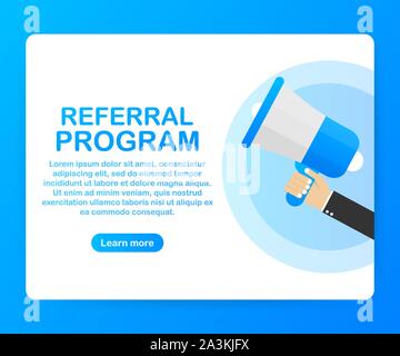Hand Holding Megaphone with Referral program. Vector stock illustration. Stock Vector
