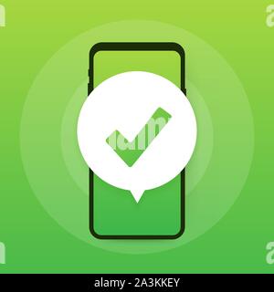 Smartphone with checkmark or tick notification in bubble. Approved choice. Accept or approve checkmark. Vector stock illustration. Stock Vector