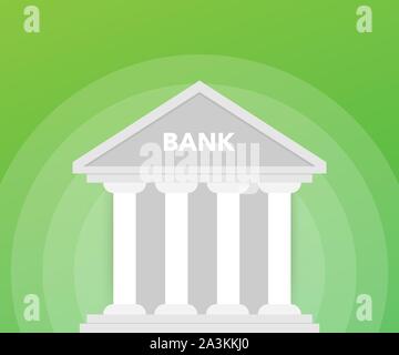Bank building on green background. Flat style Bank icon. Vector illustration Stock Vector