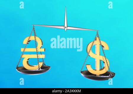 3D illustration: vintage scales in disbalance with the yellow sign of Ukrainian hryvnia (grivna) on one side and the us dollar on the other. Exchange Stock Photo