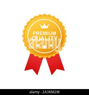 Gold premium quality rosette with red ribbon on white background. Vector stock illustration. Stock Vector