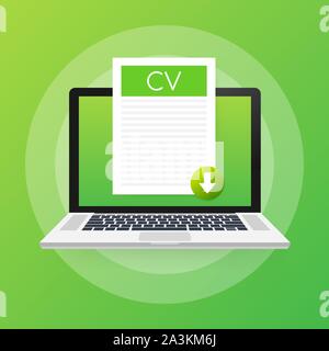 Download CV button on laptop screen. Downloading document concept. File with CV label and down arrow sign. Vector illustration. Stock Vector