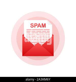 No spam. Spam Email Warning. Concept of virus, piracy, hacking and security. Envelope with spam. Vector illustration. Stock Vector