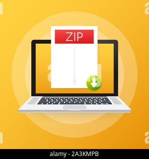Download ZIP button on laptop screen. Downloading document concept. File with ZIP label and down arrow sign. Vector illustration. Stock Vector