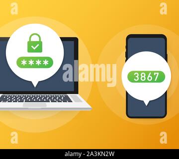 Two step authentication vector illustration, flat cartoon smartphone and computer safety login or sign in. Vector stock illustration. Stock Vector