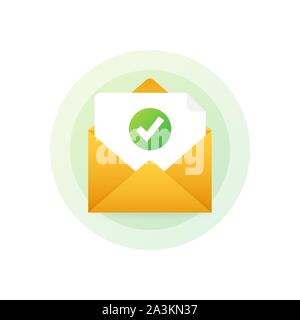Opened envelope and document with green check mark. Verification email. Vector stock illustration. Stock Vector