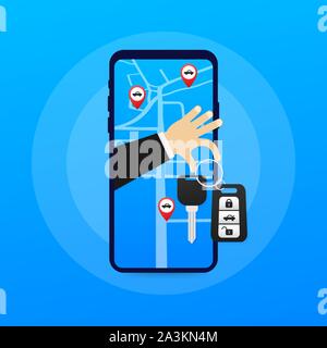 Car sharing service advertising web page template. Banner of Rent auto service. Trading cars and rental cars. Web Site, Advertising like Hand and Key Stock Vector