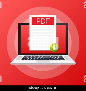 Download PDF button on laptop screen. Downloading document concept. File with PDF label and down arrow sign. Vector stock illustration. Stock Vector