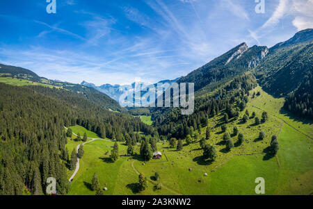 Landscape panorama taken with drone in Switzerland at Obersee Stock Photo