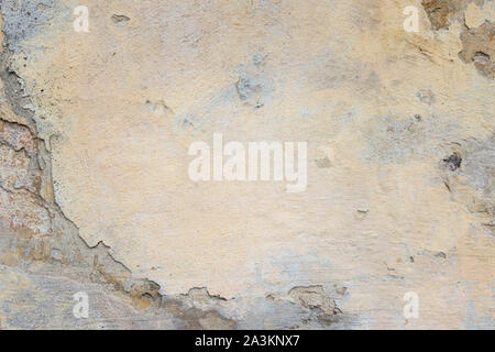 Old Plaster Wall With Peel Grey Stucco Texture Background. Decayed Cracked Rough Abstract Banner Surface. Stock Photo