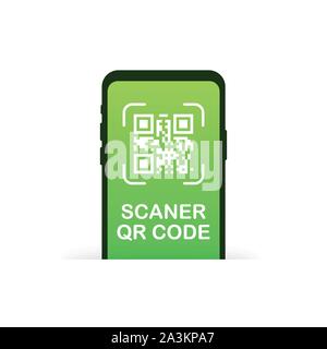Qr code scanning like linear black phone. concept of pixel art square, product, promotion label, telephone, screen, device. Vector stock illustration. Stock Vector