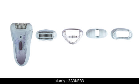 Set with depilator and diferent depilation icons isolated on white background. Fashion woman epilator for shaving. Stock Photo
