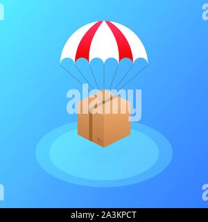 Web banner for Delivery Services and E-Commerce. Packages are flying on parachutes. Vector stock illustration. Stock Vector
