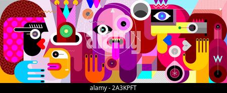 A large group of people at a costume party. Modern art vector illustration. Five friends have fun. Stock Vector