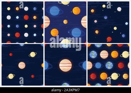 Space print. Seamless vector pattern set. Different colored planets of the Solar system and stars. Stock Vector