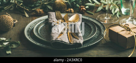Christmas or New Years celebration table setting, wide composition Stock Photo