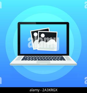 Photo icons, photo frames, retro photos flat icon, vintage blank photo frames on laptop. Vector stock illustration. Stock Vector