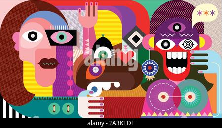 Laughing crazy woman and her friends contemporary art vector illustration. Stock Vector