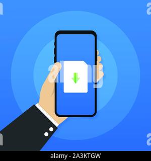 Smartphone and download file icon. Document downloading concept. Trendy flat design graphic with long shadow. Vector stock illustration. Stock Vector