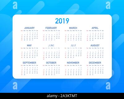 Calendar 2019, Week starts from Sunday, business template. Editable vector file available. English and Sunday to Monday version. Vector stock illustra Stock Vector