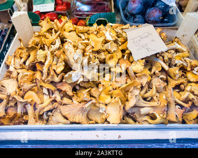 Mushrooms for sale by weight at the counter of a market stall in Bergamo Italy Stock Photo