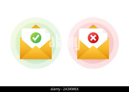 Two envelope with approved and rejected letters. Vector stock illustration. Stock Vector