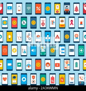 Set of smartphones, apps, social media and technology icons; seamless background Stock Vector