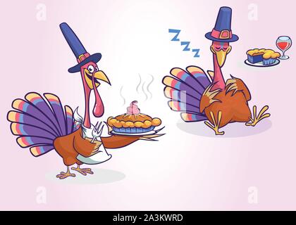 Cartoon set of two turkeys isolated. Vector turkey serving a meal with pie and sleeping Stock Vector