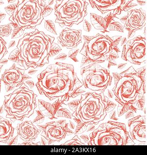 Red Roses Contour Seamless Pattern with Sketch Hand Drawn Flowers for Valentines Day Gift Paper or Wedding Card Design. Engraved Freehand Rose Texture. Summer Floral Vector Pattern, Print Background Stock Vector