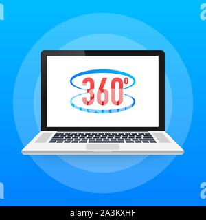 Laptop with 360 degrees angle icon sign on the screen and cursor hand pointer. Symbol of 360 degrees VR videos. Vector stock illustration. Stock Vector