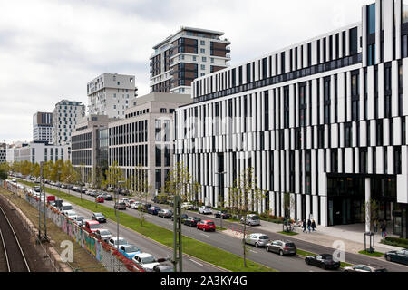 houses on Toulouser Allee, Quartier Central, district Derendorf, La Tete office building, Duesseldorf, North Rhine-Westphalia, Germany.  Haeuser an de Stock Photo