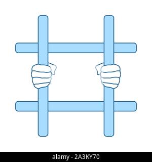 Hands Holding Prison Bars Icon. Thin Line With Blue Fill Design. Vector Illustration. Stock Vector