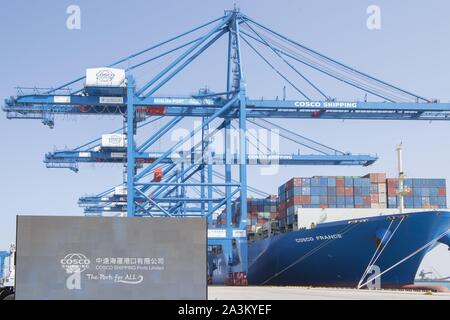 (191009) -- BEIJING, Oct. 9, 2019 (Xinhua) -- Photo taken on Dec. 10, 2018 shows China's COSCO Shipping Ports Limited (CSP) Abu Dhabi Terminal at Khalifa Port in the United Arab Emirates (UAE). (Xinhua) Stock Photo