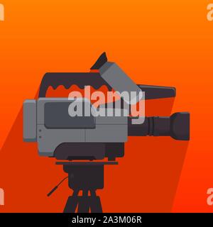 professional movie film digital camera video recorder cinema production on tripod flat style long shadow icon Stock Vector