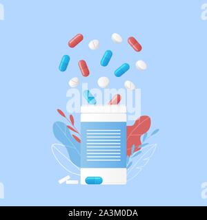 Pharmacy concept. Medical bottle and pills, blisters with tablet. Colorful leaves. Trendy flat style. Vector illustration. Stock Vector