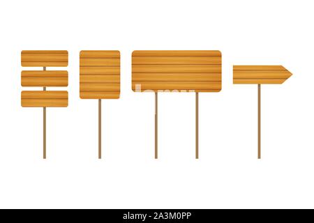Empty wooden banners and road signs. Wood signboards collection. Vector stock illustration. Stock Vector