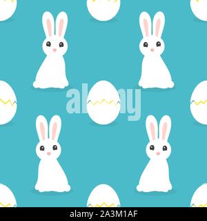 Easter bunnies and eggs seamless blue pattern. Vector illustration. Stock Vector