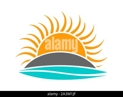 Sun setting over island and sea wave icon logo. Vector illustration Stock Vector