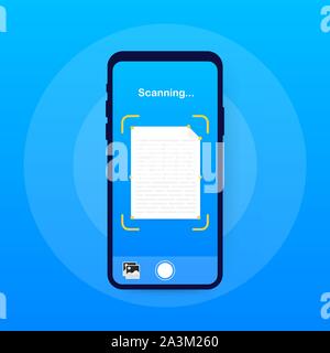 Text scan. Document scanner smartphone interface vector template. Mobile app page blue gradient design layout. Vector illustration. Stock Vector