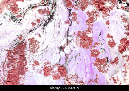 Marble abstract acrylic background. Pink and red marbling artwork texture. Agate ripple pattern. Gold powder Stock Photo