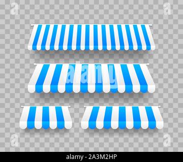 Colored striped awnings set for shop, restaurants and market store on transparent background. Vector stock illustration. Stock Vector